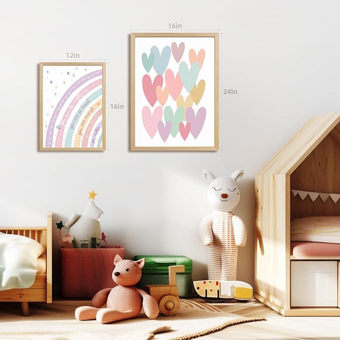 LLEEMPI Pink Heart Sun Rainbow Wall Art Set of 3, Baby Room Wall Decor, Boho Rainbow Nursery Canvas Painting, Classic Minimalist Poster Prints for Bedroom Bathroom Classroom Wood Framed 12x16 Inch