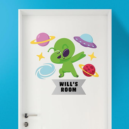 EGD Custom Alien Door Decal with Name | Door Decals for Bedroom or Nursery | Personalized Vinyl Wall Decal for Kids Room | Fun Space Theme Wall Stickers for Boys (A. Alien)
