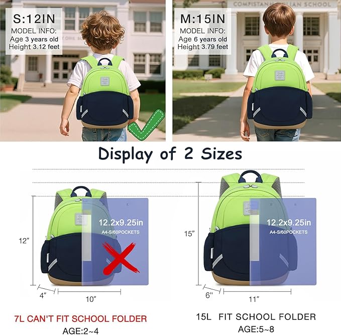 CAMTOP Toddler Backpack for Boys Girls 2-4, Kids Backpacks for Kindergarten Preschool, 12" H Small Bookbag for Daycare Travel (Green & Blue & Brown, 12''- Not fit A4 folder)