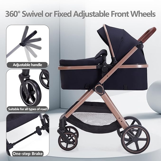 2 in 1 Baby Stroller, Newborn Infant Toddler Convertible Bassinet Pram Stroller for 0-36 Months Old Babies (Black)