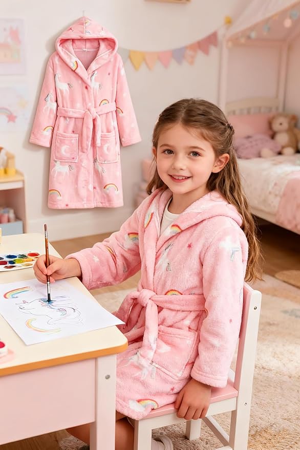 Boys Girls Robe Kids Flannel Hooded Bathrobe Sleepwear Pajamas Toddler Soft Plush Robes for Girls 2-16 Years