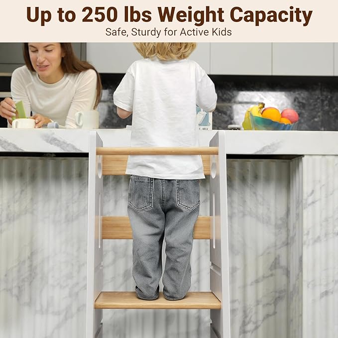 COSYLAND 3 Levels Adjustable Toddler Standing Tower - 33.5IN/85CM Stable Kids Kitchen Step Stool with Protective Crossbar - Wooden Toddler Kitchen Stool Helper(White & Natural)