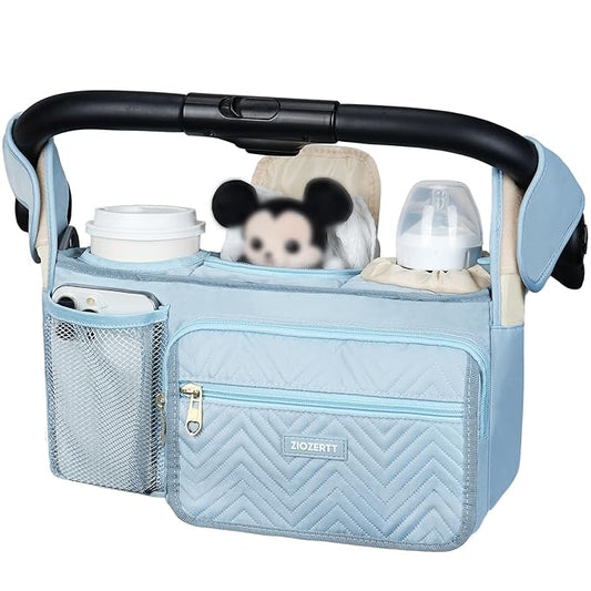 Universal Stroller Organizer with Insulated Cup Holder,Stroller Caddy Bag with Wet Wipes Pocket,Stroller Accessories Fits for Uppababy,Doona,Jogger,Britax,Mompush,BoB Strollers,Blue