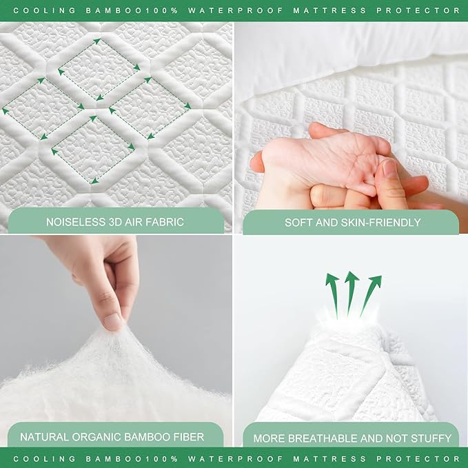 UNILIBRA Full Size Waterproof Mattress Protector, 3D Air Rayon Made from Bamboo Cooling Mattress Cover, Breathable Deep Pocket Mattress Pad Fits to 8''-21'' White