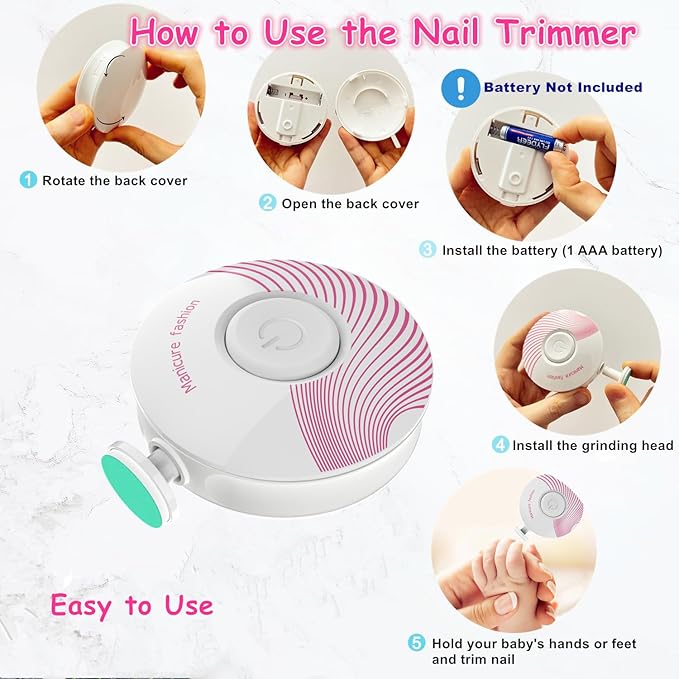 Electric Baby Nail Trimmer, Baby Nail File, Safe Baby Nail Clippers, 6 Grinding Heads Queit Baby Nail Polish Grooming Kit for Newborn Infant Toddler Adult Battery Operated (Not Included)