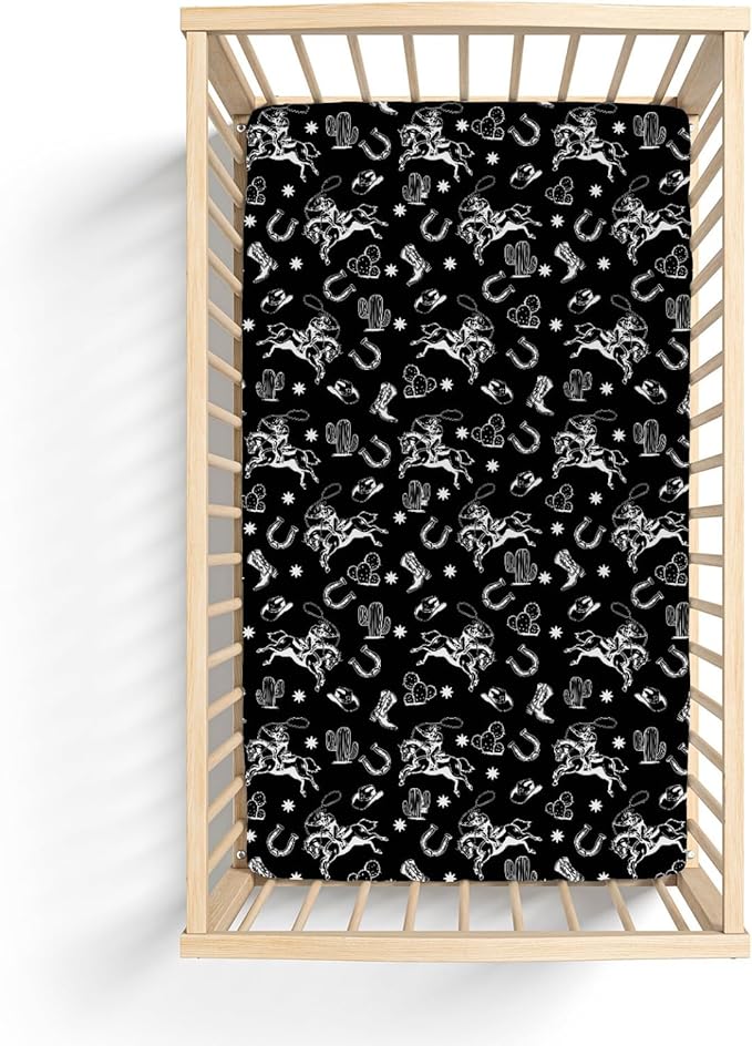 Black Western Cowboy Baby Crib Sheets for Boy Girl 52"x28" Cowboy Boots Hat Horse Cactus Soft Stretchy Fitted Crib Mattress Cover Wild West Desert Baby Sheet for Standard Crib and Toddler Mattress