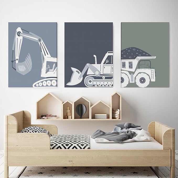 Construction Truck Kids Room Wall Art Deco Bulldozer Pictures Tractor Vehicle Poster Dump Truck Wall Art Boy Room Canvas Wall Decoration Baby Room Print Boy Bedroom 12x16 Inch 3 Piece Wrap Canvas