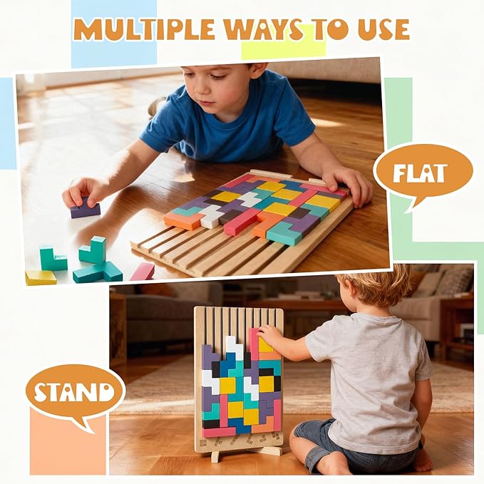 Montessori Wooden Stacking Puzzle Toy, Colored 3D Russian Block Stacking Jigsaw Puzzle Toy, Giant Building Block Board Game Educational Toys for Kids Brain Teasers for Toddlers 3-6 Years