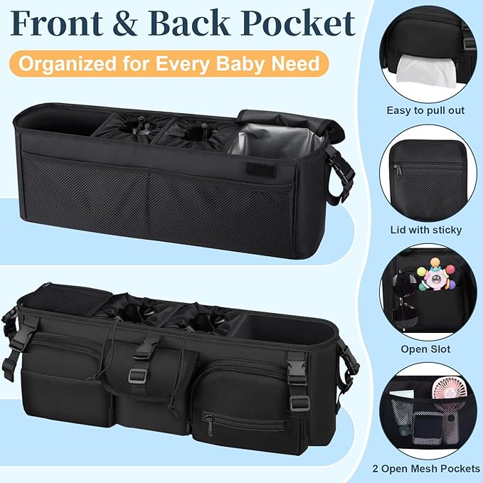 Double Stroller Organizer Compatible with Bob Duallie and Baby Jogger City Mini GT2, Double Baby Stroller Accessories with Cooler Bag, Parent Console Double Jogging Stroller Caddy with Cup Holder