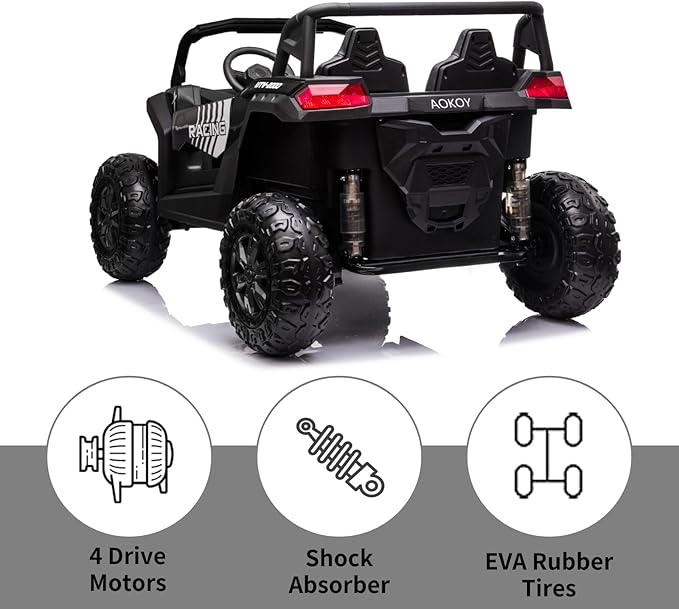 POSTACK 24V 2 Seater Ride On Toy Car Power 4 Wheels for Kids Ages 3-12 4WD UTV with Parents Remote Control 4X4 Electric Vehicles Off-Road Toy Kids to Drive with EVA Tires MusicLED Light, Black