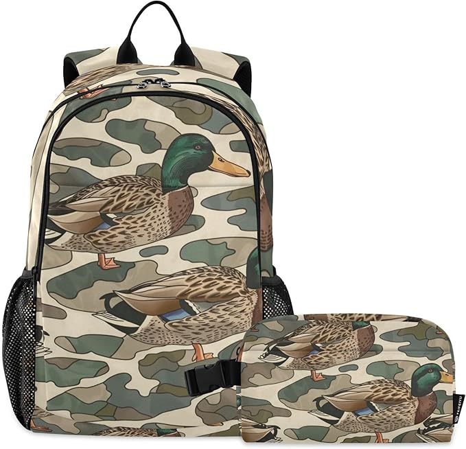 Jucciaco Duck Camo Camouflage Backpack with Lunch Bag for Boys Girls, Travel School Backpack Set