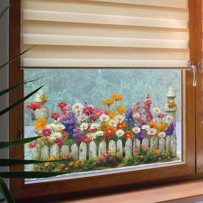 Daisy Flowers Wall Decals Spring Flowers Fence Wall Stickers Removable Art Sticker for Living Room Bedroom Classroom Nursery Decor