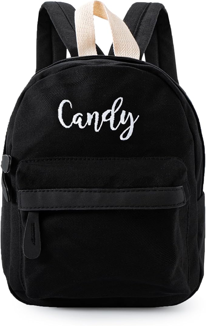 MT WORLD Daycare Backpack - Personalized Canvas Backpack with Name - Classic 12inch Daypack with Back Pocket - Custom Daycare Diapering Bag for Overnight Travel Birthday Gifts (Black, Medium)