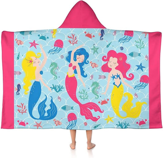 Thickened Hooded Towels for Kids Suitable Girls Boys Kids Bath Towels, 30"x50" Super Absorbent, Mermaid Cute Cartoon Toddler Towels Multi-Purpose for Beach, Pool and Bathroom