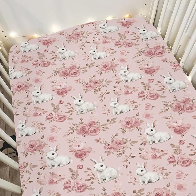 Spring Bunnies Pink Roses Baby Crib Sheets for Boy Girl 52x28Inch Cute Rabbits Flowers Soft Snug Fitted Crib Mattress Cover Spring Garden Baby Sheet for Standard Crib and Toddler Bed Mattress