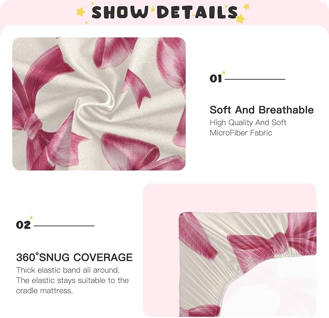 Deep Pink Ribbon Bows Crib Sheets Standard Crib Toddler Mattresses Cover Fitted Baby Bed Sheet Breathable Crib Mattress Sheet for Girls Boys 39''x27''x9''