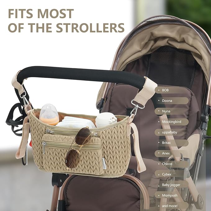LUKJOJO Stroller Organizer - Stylish 3D Herringbone Quilting Nylon, Universal Fit, Detachable Bag, Adjustable Multi-Storage for Baby Essentials