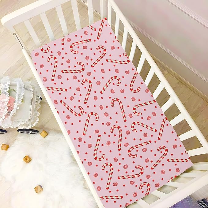 Candy Cane Christmas Pink Crib Sheets Soft Breathable Fitted Baby Crib Sheets Mattress Cover for Girl Boys, 52" x 28" x 9"
