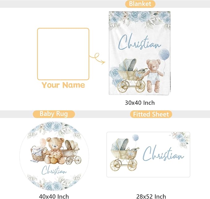 Personalized Baby Crib Bedding Set, 3 Pcs Custom Nursery Bedding Set with Name, Soft Baby Crib Set with Double Layer Blanket for Boys Girls, Customized Gifts for Toddlers Infants, Blue Bear