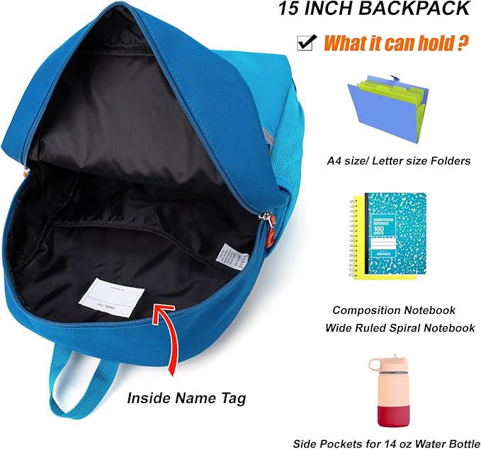 HawLander Little Kids Backpack for Boys or Girls, Toddler School Bag Fits 3 to 6 years old, Light Blue, 15 Inch