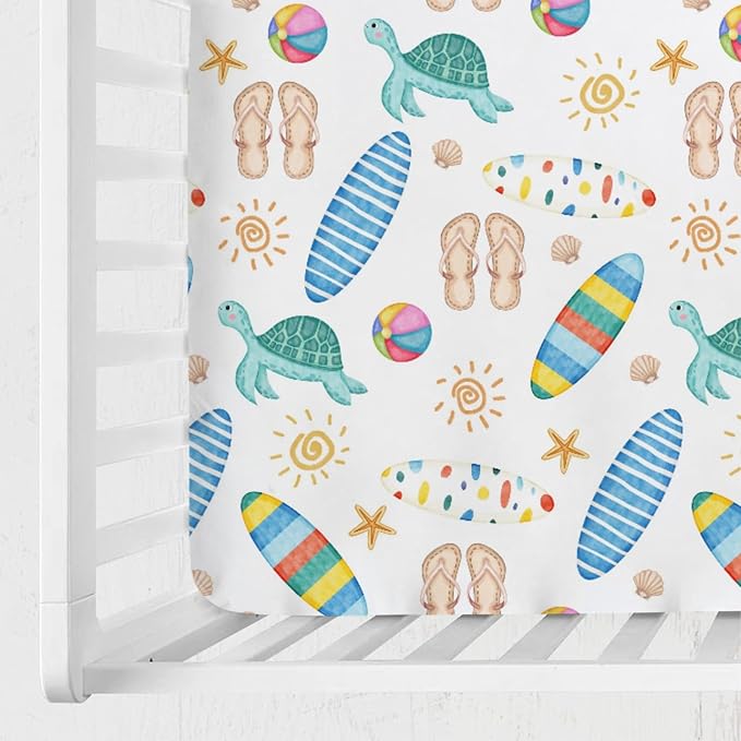 Boho Summer Beach Surf Baby Crib Sheet 52''x28'' Colorful Surfboard Sun Turtles Stretchy Fitted Crib Mattress Sheet for Boy Girl Holiday Soft Baby Bed Sheets for Standard Crib and Toddler Mattress