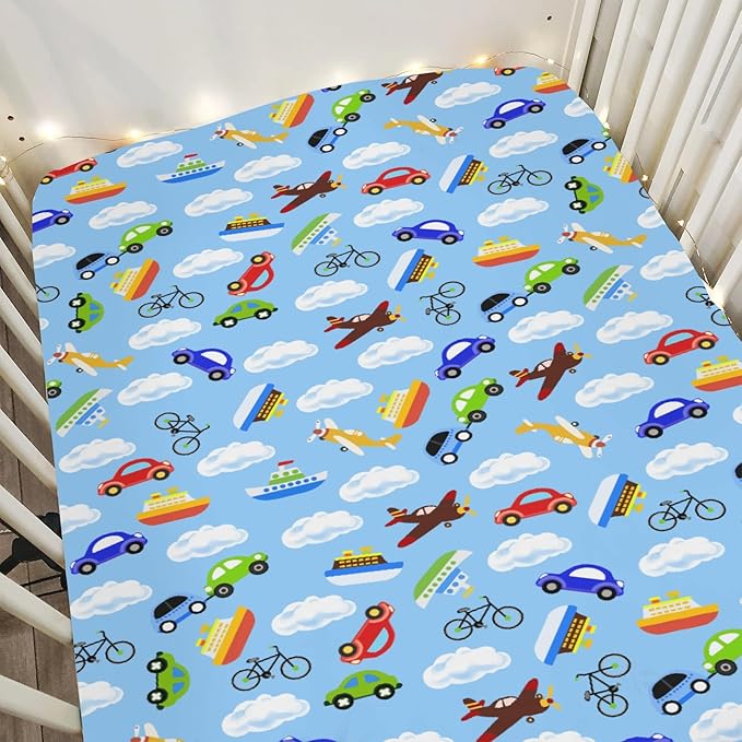 Planes Automobiles Transport Baby Crib Sheets for Boy Girl 28"x52" Airplanes Boats Bike Car Clouds Blue Soft Stretchy Fitted Crib Mattress Cover Travel Baby Sheet for Standard Crib & Toddler Mattress