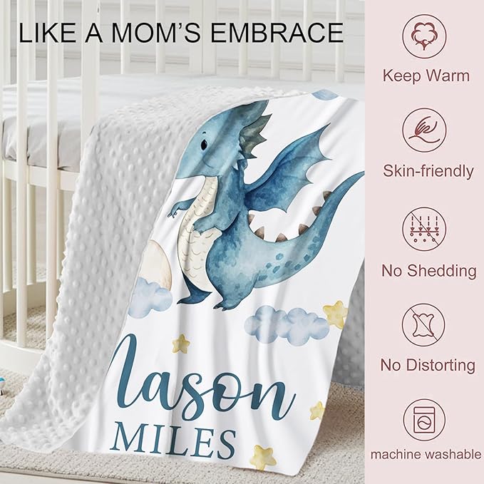 Personalized Crib Bedding Set for Boys Girls, Custom Baby Crib Sets with Name, Blue Dinosaur Design Nursery Bedding 2 Piece - Soft Blanket with Double Layer Dotted Backing, Crib Fitted Sheet