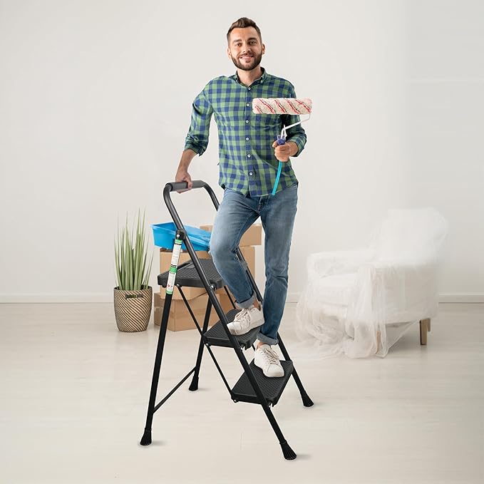 3 Step Ladder, Portable Steel Folding Stool with Wide Anti-Slip Pedal, 500lbs Sturdy Steel Ladder, Black