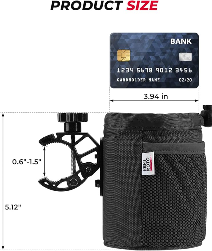 KEMIMOTO Motorcycle Cup Holder, Oxford Fabric Motorcycle Drink Holder with 0.6"-1.5" Alligator Clamp, Universal Water Bottle Cup Accessories for Bike, ATV/UTV, Scooter, Boat, Walker, Black