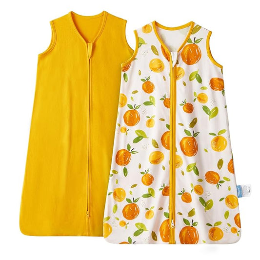TILLYOU 2 Pack Baby Sleep Sack 12-18 Months 100% Cotton Wearable Blanket 0.5 TOG Sleeveless Summer Sleep Sacks with 2-Way Zipper, Orange Flavour & Orange