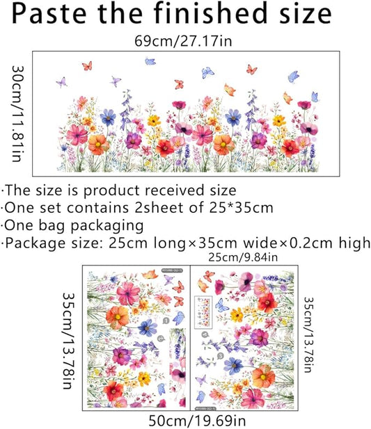 2 Pieces Flowers Wall Decals Vinyl Flowers Wall Stickers Removable Floral Murals Peel and Stick Colorful Flower Decor for Girls Bedroom Living Room Nursery (Bright)