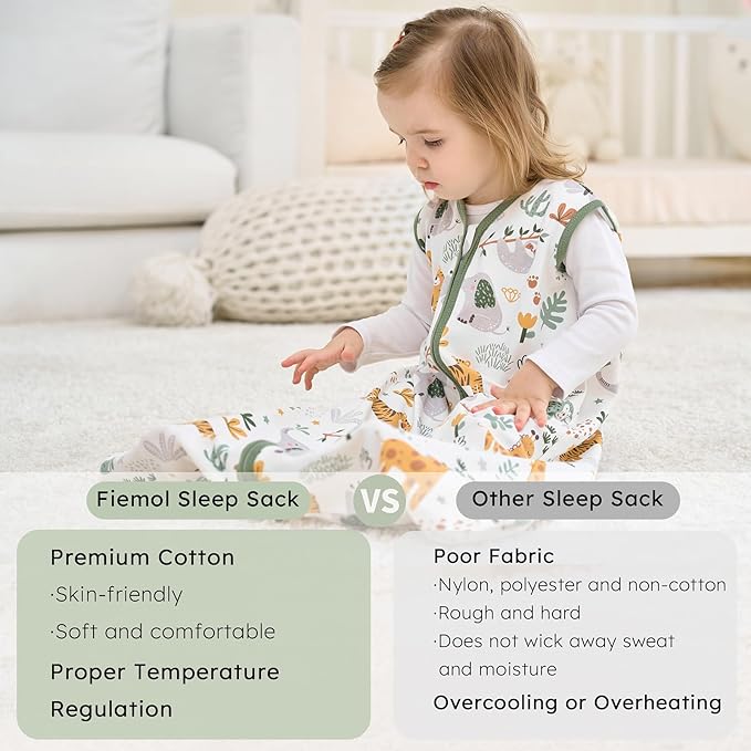 Baby Sleep Sack 18-24 months, 100% Cotton Sleeping Sack for Newborn and Infant, 3 Pack Baby Wearable Blanket for Boy and Girl, 0.5 Tog Lightweight Double Zipper Sleep Bag Green Brown Giraffe