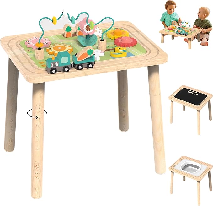 Activity Table for Kids 6-36 Months, 9 in 1 Wooden Montessori Toys with Bead Maze Shape Sorter Train Toy, Baby Sensory Table Toddler Toys 1st Birthday Gifts for Kids