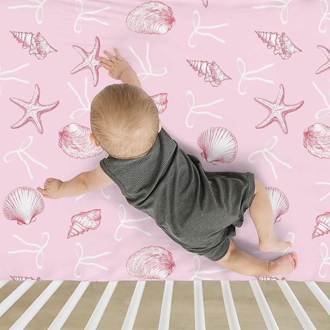 Summer Conches Bows Sea Baby Crib Sheets for Boy Girl 52"x28" Ocean Seashells Beach Soft Snug Fitted Crib Mattress Covers Boho Nautical Life Baby Sheet for Standard Crib and Toddler Bed Mattress Pink