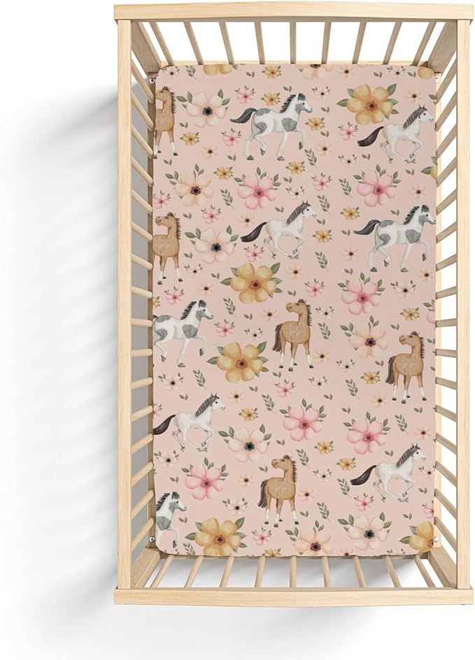 Watercolor Horse Floral Baby Crib Sheets for Boy Girl 52"x28" Running Horses Boho Flowers Soft Snug Fitted Crib Mattress Cover Wild Animals Baby Sheet for Standard Crib & Toddler Bed Mattress Pink