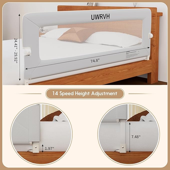 Bed Rail for Toddlers 75in Folding Bed Rail,T-Shaped No-Drill Base with Safety Lock,Soft 3D Fabric,Baby Bed Rail Guard for Twin,Full,Queen,King Beds,Toddler Bed Rail Guard(Gray, 75" Lx 28" H)