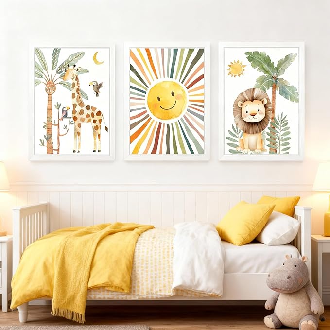Cute Sun Lion Giraffe Quote Framed Wall Art Set of 4, 11x16 Boho Educational Animal Wall Sign for Baby Girl Kid Boy Toddlers, Wooden Inspirational Nursery Wall Decor Whie