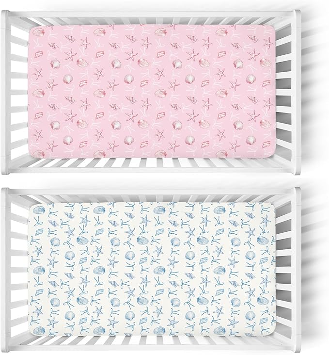Summer Conches Bows Sea Baby Crib Sheets for Boy Girl 52x28In Ocean Seashells Beach Soft Snug Fitted Crib Mattress Cover Boho Nautical Marine Baby Sheet for Standard Crib & Toddler Bed Mattress 2 Pack
