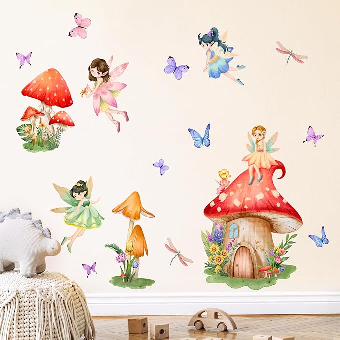 Supzone Mushroom Fairy Wall Decals for Girls Elf Flower Butterfly Dragonfly Wall Stickers Peel and Stick Vinyl Wall Art Decor for Kids Baby Nursery Bedroom Living Room