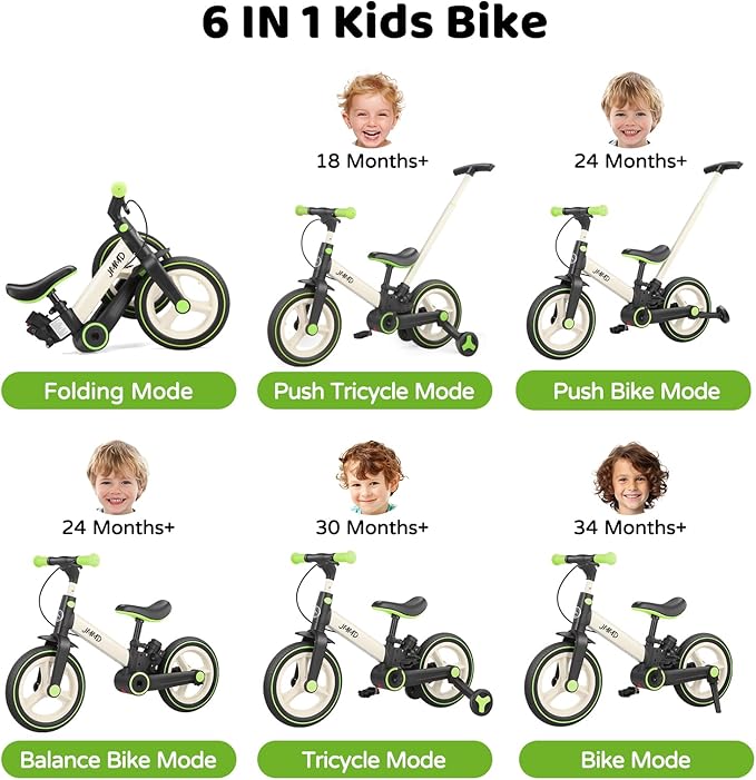 JMMD 6 in 1 Toddler Bike with Push Handle for Kids 18-60 Months, 12" Foldable Balance Bike with Training Wheels, Pedals, Brakes, Kickstand, Push Tricycle Toddler Gift & Toys for Boy & Girl