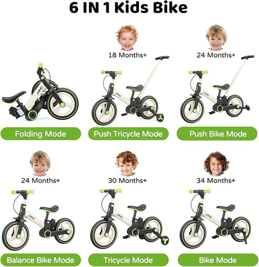 JMMD 6 in 1 Toddler Bike with Push Handle for Kids 18-60 Months, 12" Foldable Balance Bike with Training Wheels, Pedals, Brakes, Kickstand, Push Tricycle Toddler Gift & Toys for Boy & Girl