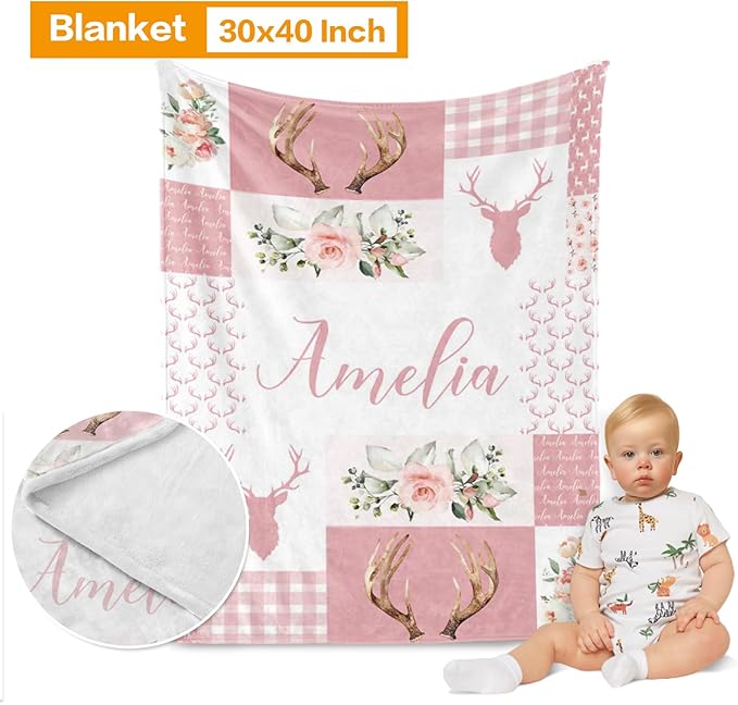 Custom Baby Bedding Set: Personalized Pink Deer Antlers Bedding, Baby Blanket Fitted Sheet Changing Cover Nursery Rug Gift Idea Room Decor