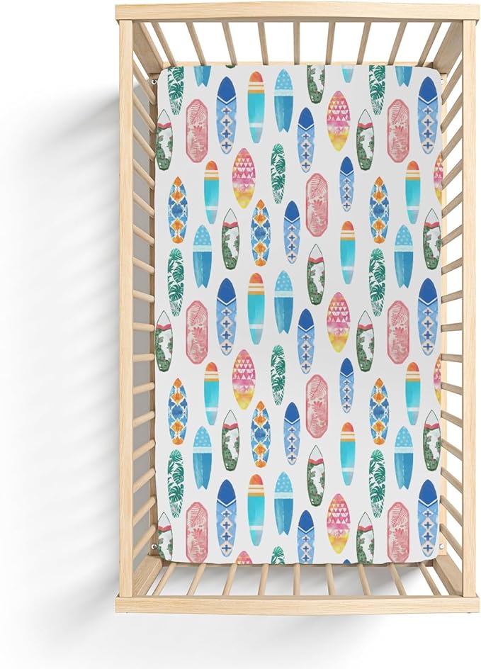 Colorful Surfboards Baby Crib Sheets for Boy Girl 52x28Inch Summer Surfing Soft Stretchy Fitted Crib Mattress Cover Boho Beach Vacation Travel Nursery Baby Sheet for Standard Crib & Toddler Mattress