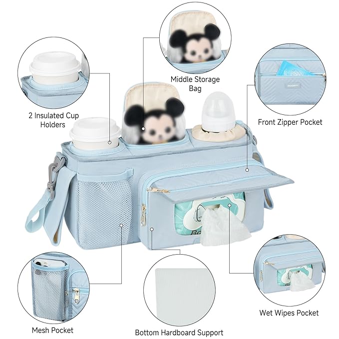 Universal Stroller Organizer with Insulated Cup Holder,Stroller Caddy Bag with Wet Wipes Pocket,Stroller Accessories Fits for Uppababy,Doona,Jogger,Britax,Mompush,BoB Strollers,Blue