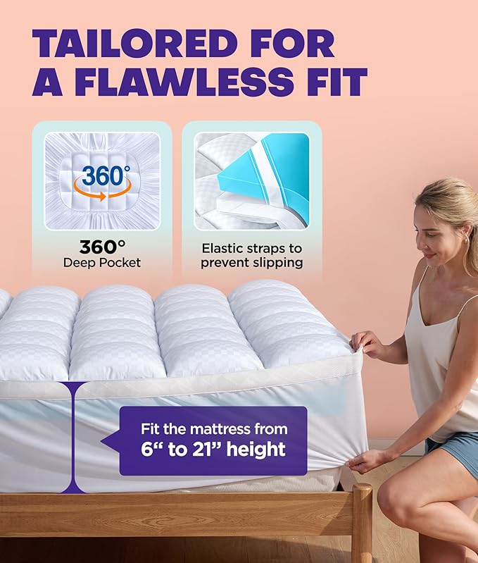 Dual Layer 4 Inch Memory Foam Mattress Topper for Pressure Relief with 4X Support, 2" Fluffy Pillow Top California King Mattress Topper 50% Viscose Made from Bamboo Plus 2" Cooling Gel Memory Foam