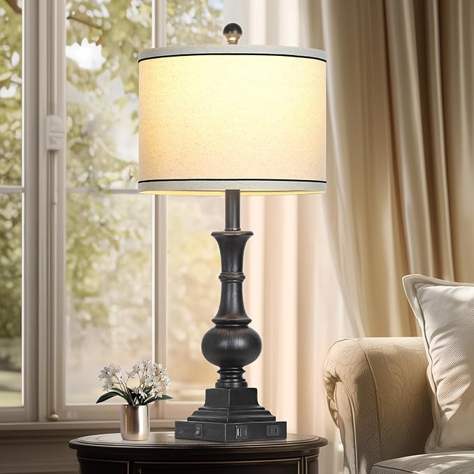 luxeflow Farmhouse Table Lamps Set of 2, Vintage Bedside Lamps with USB A+C Charging Ports & AC Outlet, 26" Rustic Nightstand Lamp for Living Room Bedroom End Table Wash Black(2 LED Bulbs Included)