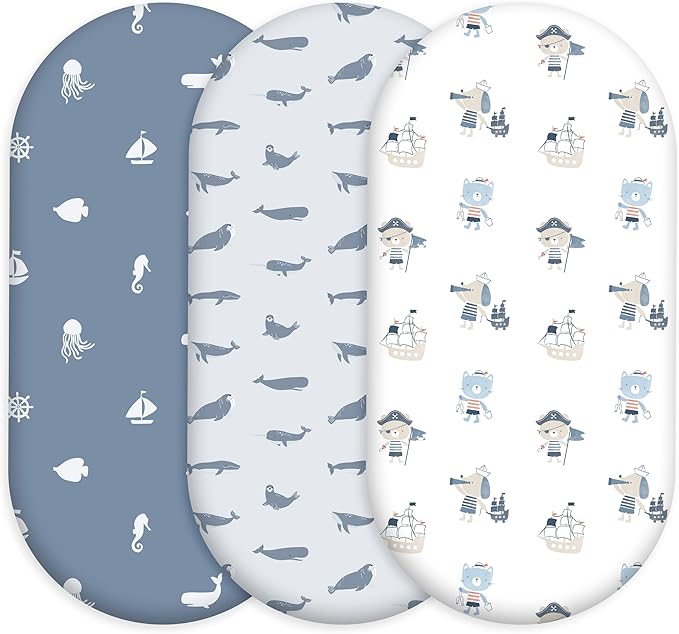 Baby Bassinet Sheets Girl Boy, Stretch Fitted Bassinet Sheet Set 3 Pack Bassinet Mattress Sheets Universal Fit for Rectangle, Round, Oval, Hourglass Mattress, Soft Breathable Blue Ocean Sailor