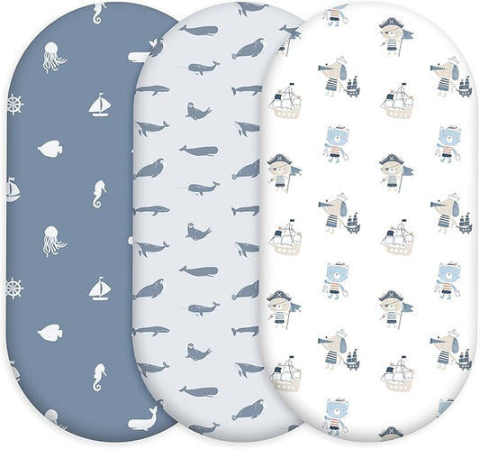 Baby Bassinet Sheets Girl Boy, Stretch Fitted Bassinet Sheet Set 3 Pack Bassinet Mattress Sheets Universal Fit for Rectangle, Round, Oval, Hourglass Mattress, Soft Breathable Blue Ocean Sailor