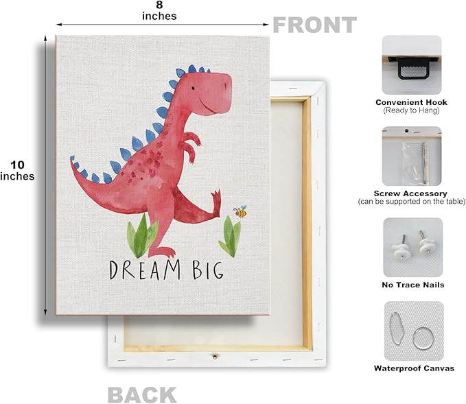 Cute Watercolor Dinosaur Prints Inspirational Motivational Quotes Canvas Wall Art Nursery Decor Wall Decor Funny Poster Artwork for Kids Room Classroom Bedroom Decorations,4PCS,Framed,8x10IN