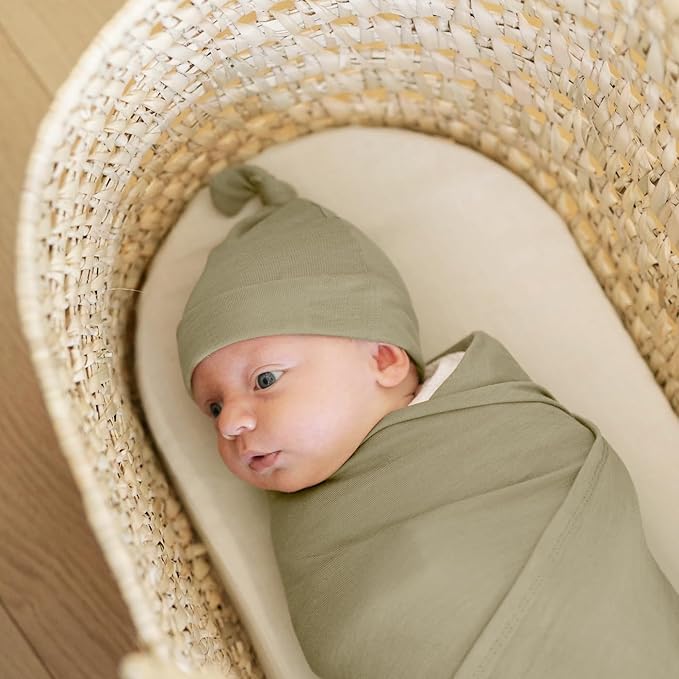 GRSSDER Newborn Swaddle Blanket, Ultra Soft Jersey Receiving Blanket with Matching Headband and Beanie Set 33×44", Stretchy Baby Neutral Swaddle Wrap for Girls and Boys